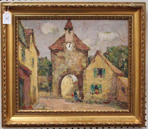 Henry Ludlow - Continental Village Scene with Gateway and Cottage, 20th century oil on board,