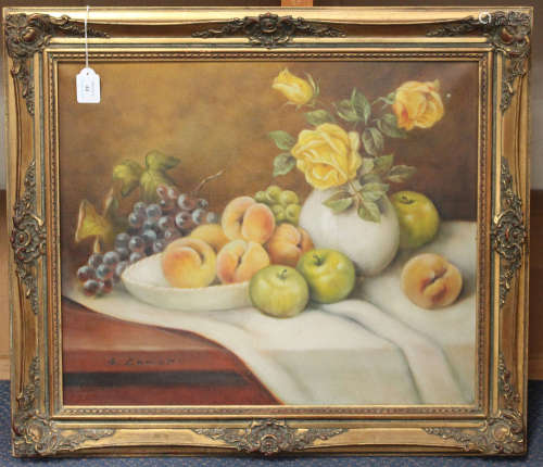 A. Loder - Still Life of Roses, Peaches, Apples and Grapes on a Table, 20th century oil on canvas,