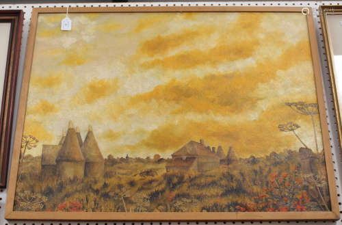 J. Gilkson - Landscape with Oast Houses at Sunset, oil on canvas, signed and dated 1975, 68.5cm x