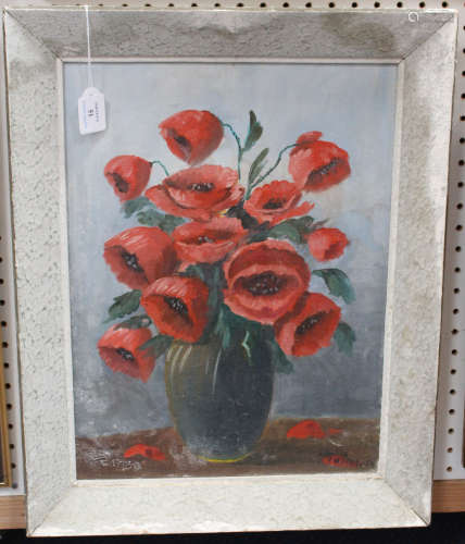 Piotrowski - Still Life of Poppies in a Vase, 20th century oil on canvas, signed, 49cm x 36.5cm,