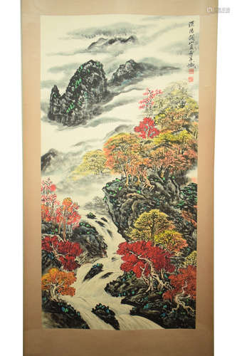 GUAN SHANYUE: INK AND COLOR ON PAPER PAINTING 'LANDSCAPE SCENERY'