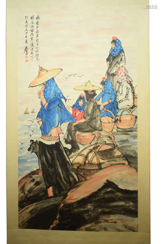 HUANG ZHOU: INK AND COLOR ON PAPER PAINTING 'LADIES'