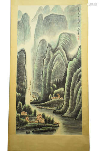 LI KERAN: INK AND COLOR ON PAPER PAINTING 'MOUNTAIN SCENERY'