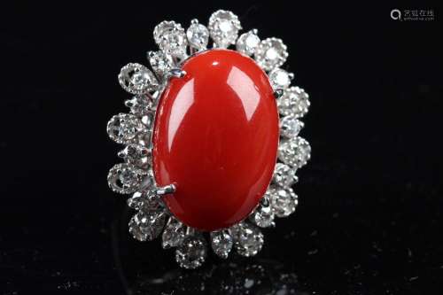 A Platinum Gold Diamond Ring with Red Coral Inlay
