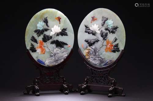 A Pair of Chinese Oval Shaped Jade Table Screen