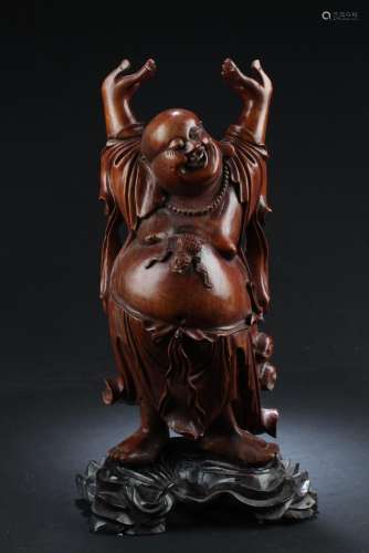 Chinese Wooden Carved Smiling Buddha Statue