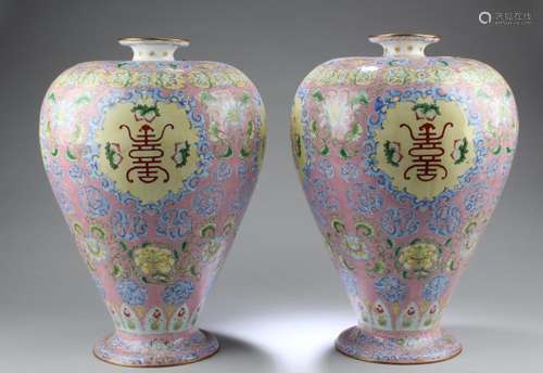 A PAIR OF CLOISONNE ENAMELED VASES