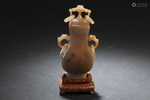 Antique Chinese Agate Vase with Wood Stand