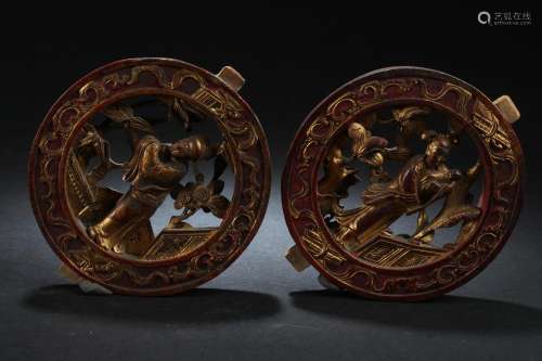 A Pair of Chinese Wood Carved Ornament