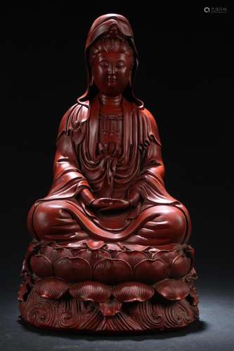 Chinese Cinnabar Lacquered Guanyin Statue