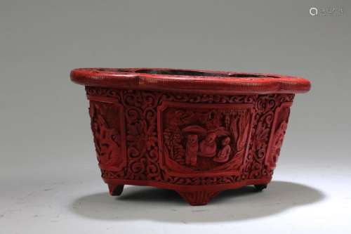 Antique Chinese Cinnabar Lacquer Container with Bronze Stand