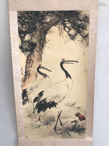 Chinese Ink Color Scroll Painting, Crane