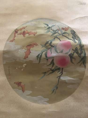 Chinese Ink Color Peach Scroll Painting, Signed