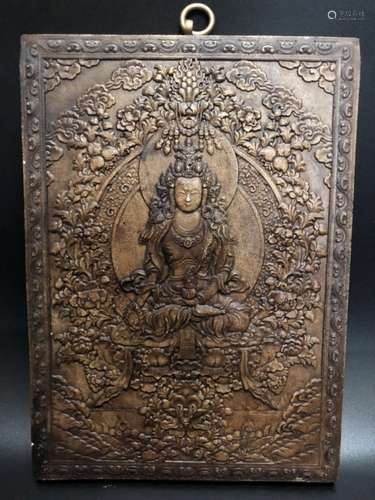 Qing Chinese Bronze plaque Carved Guanyin