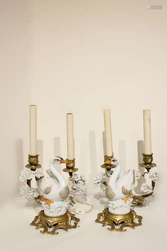 Pair of Porcelain &Bronze Candelabra w  Swan