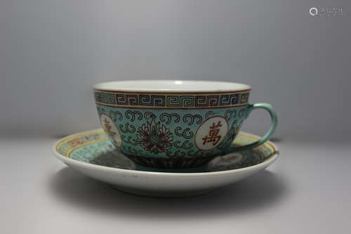 Chinese Famille Rose Porcelain Cup and Sauser