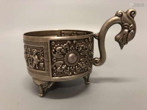 Chinese Silver Wine Cup w Dragon Handle