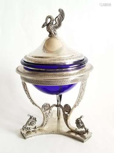 Antique Continental Silver Glass Caviar Server Dis