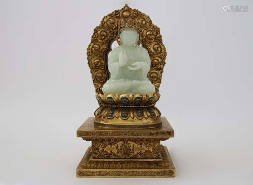 Chinese Jade Carved Buddha w Gilt Bronze Case&Stan