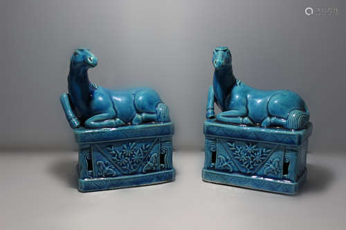 Pair of Chinese Turquoise Blue Porcelain Horses