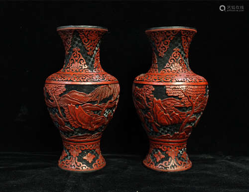 Pair of Chinese Red Cinnabar Vases