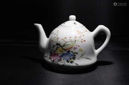 Chinese Famille Rose Porcelain Teapot w Calligraph