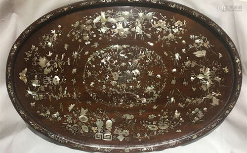 19th.C Chinese Wood Tea Tray w Mother Pearl Inlaid