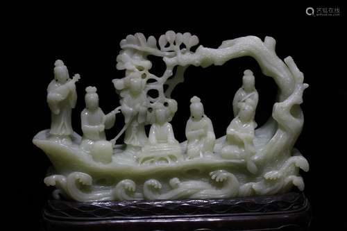 Chinese Jade Carved Group of Boat and Figural