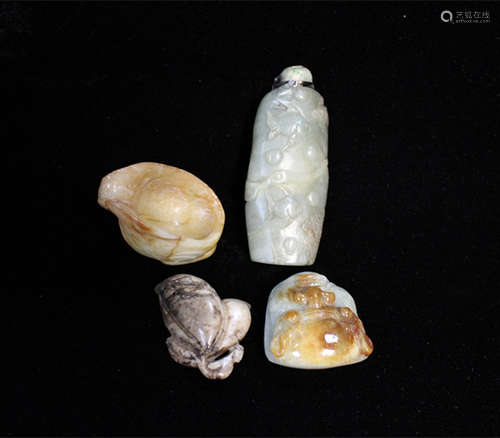 Four Chinese Jade Toggles and Snuff Bottle