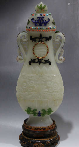 Chinese White Jade Carved Cover Vase