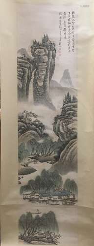 Chinese Ink Color Landscape Scroll Painting,Signed