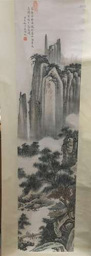 Chinese Ink Color Landscape Scroll Painting,Signed