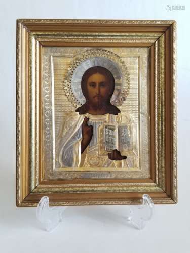 Antique Russian Gilt Silver Icon Christ Pantocrato