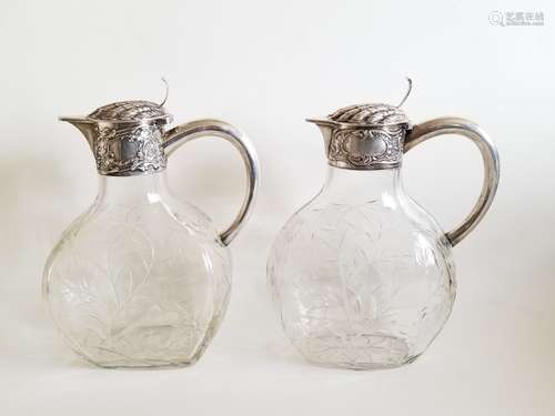 19C Pair Continental Silver Engraved Glass Decante