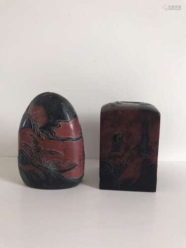 Two Chinese Soapstone Carved Seal w Russet