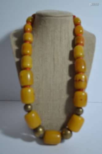 Chinese Yellow Beads Necklace w Coral and Amber