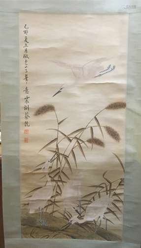 Chinese Ink Color Birds Scroll Painting,Signed