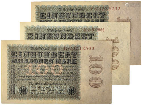 德國早期 100萬馬克券 F04225232, G03012533 及 10Z312969  共三張