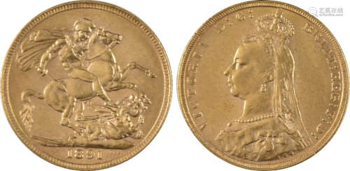 英國 1891年 QV 1/4 oz 金幣