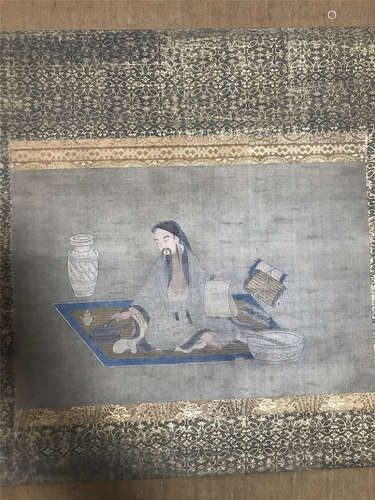 CHINESE ANCIENT SCROLL PAINITNG OF SEATED WISE MAN QING DYNASTY