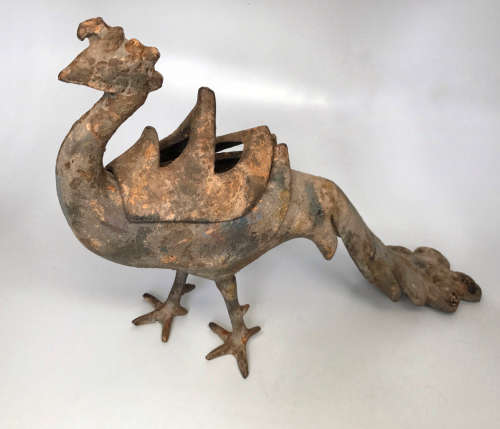 A IRONCASTING PEACOCK SHAPED INCENSE WARE