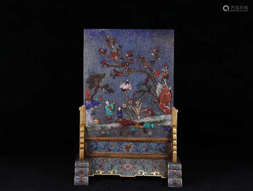 17-19TH CENTURY, A LAPIS LAZULI TABLE SCREEN WITH CLOISONNE BASE, QING DYNASTY