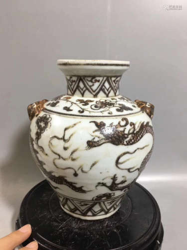 A UNDERGLAZE RED DRAGON PATTERN DECORATED TWO ANIMAL-SHAPED EARS JAR