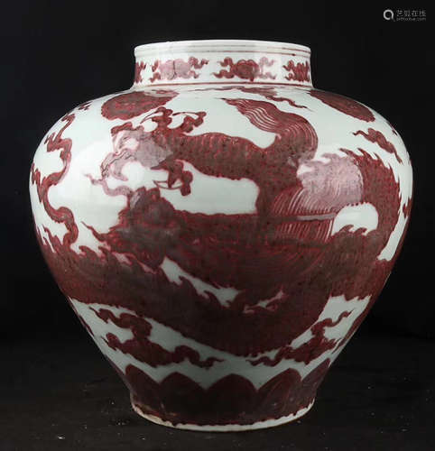 A DRAGON PATTERN RED GLAZED BIG JAR