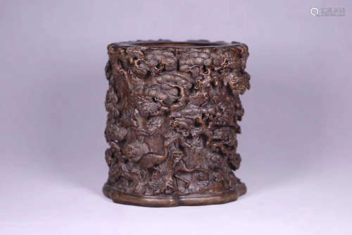17-19TH CENTURY, A CRANE PATTERN OLD AGILAWOOD BRUSH HOLDER, QING DYNASTY