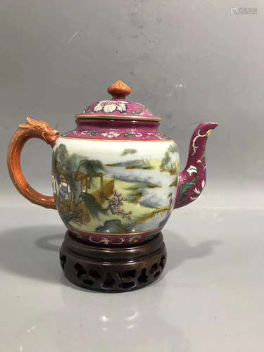 A LANDSCAPE PATTERN FAMILLE ROSE TEAPOT