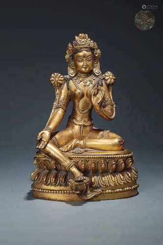 14-16TH CENTURY, A GREEN TARA DESIGN GILT BRONZE FIGURE, MING DYNASTY