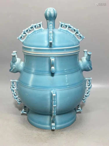 A BLUE GLAZED DOUBLE-EAR VESSEL