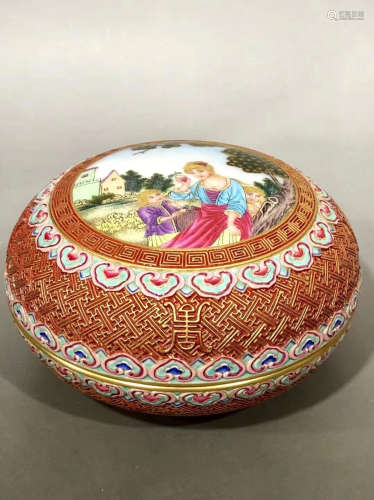 A WESTERN STYLE COLOUR ENAMELS CIRCULAR BOX WITH COVER
