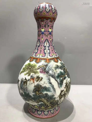 A DEER PATTERN FOREIGN COLOUR GARLIC-HEAD-SHAPED VASE